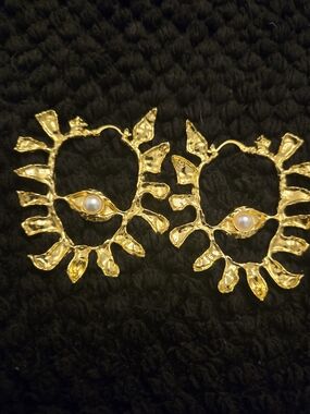 Schiaparelli Inspired Gold Eye Sunburst Hoop Earrings with Pearl Accent